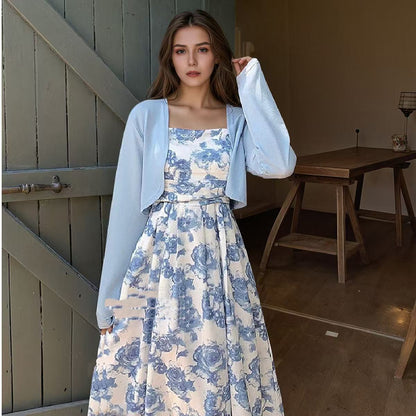 Forest Style Floral Skirt Long Sleeved Cardigan Wool Sweater
