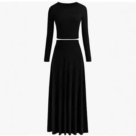 Casual Rib Knitted Long Sleeves Cropped Top Extra Long Piaise Skirt With Suit