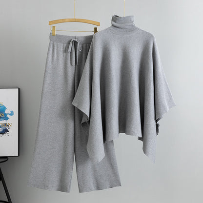 Turtleneck Cape Knitted Wide-leg Pants Elegant Outfit