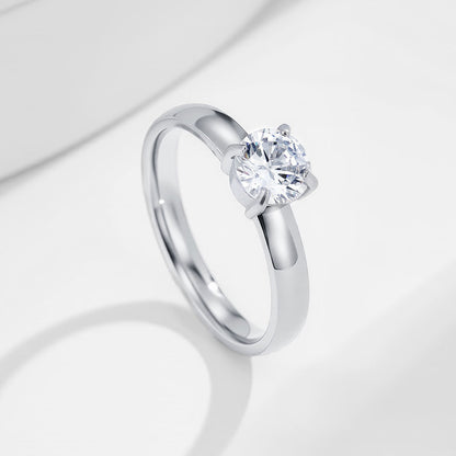 Simple Four-claw Round Diamond Stainless Steel Ring