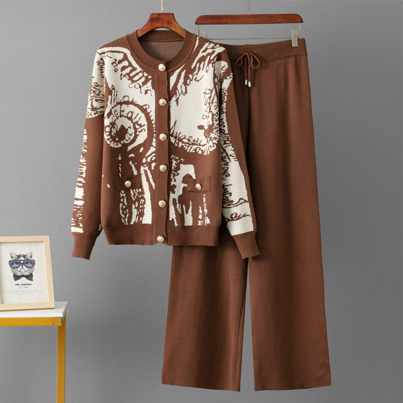 Jacquard Cardigan Single-breasted Sweater Casual Sports Wide-leg Pants Two-piece Set