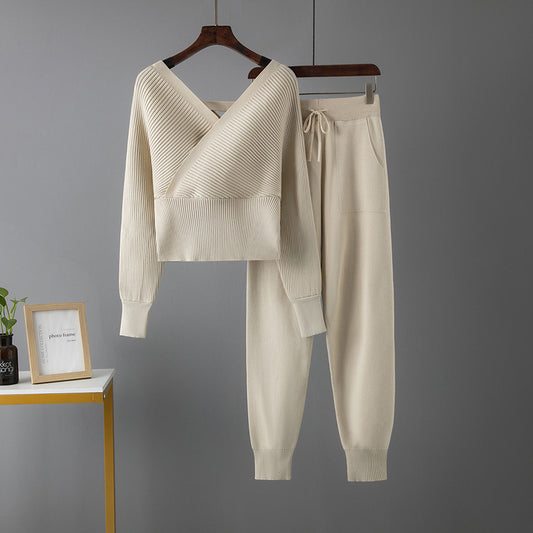 Sexy V-neck Sweater Casual Sports Pants Two-piece Set For Women