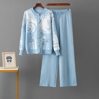 Jacquard Cardigan Single-breasted Sweater Casual Sports Wide-leg Pants Two-piece Set