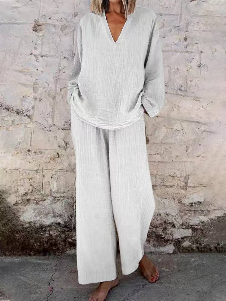 Women's Solid Color Casual V-neck Pullover Long Sleeve Trousers Suit
