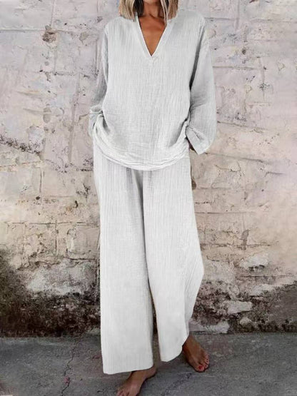 Women's Solid Color Casual V-neck Pullover Long Sleeve Trousers Suit