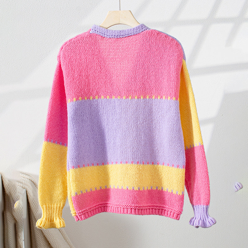 Women's Color Block V Neck Button Front Knit Cardigan Sweater Outerwear