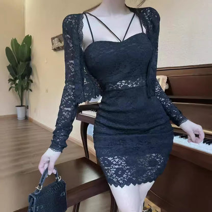Sexy Lace Sling Sheath Dress Two-piece Set