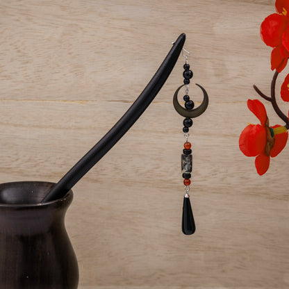 Wooden Antique Water Drop Tassel Step Shake Hair Pin Crescent Earrings
