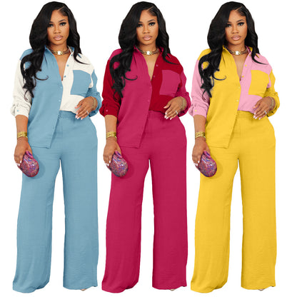 New Color Contrast Patchwork Pocket Casual Shirt Suit Two-piece Set