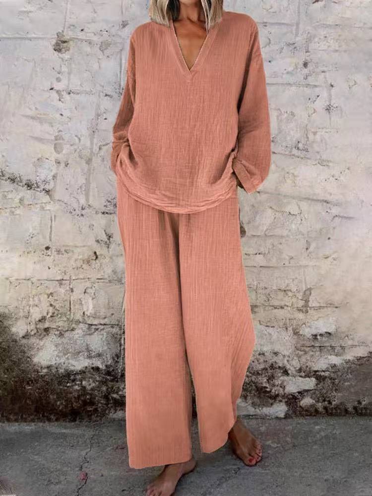 Women's Solid Color Casual V-neck Pullover Long Sleeve Trousers Suit