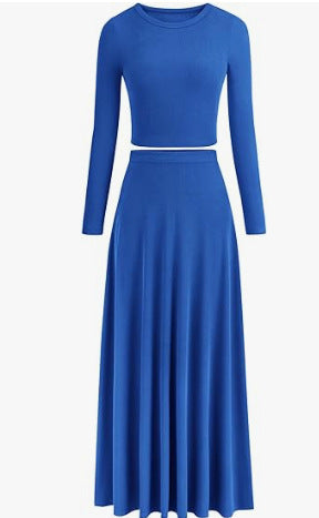 Casual Rib Knitted Long Sleeves Cropped Top Extra Long Piaise Skirt With Suit