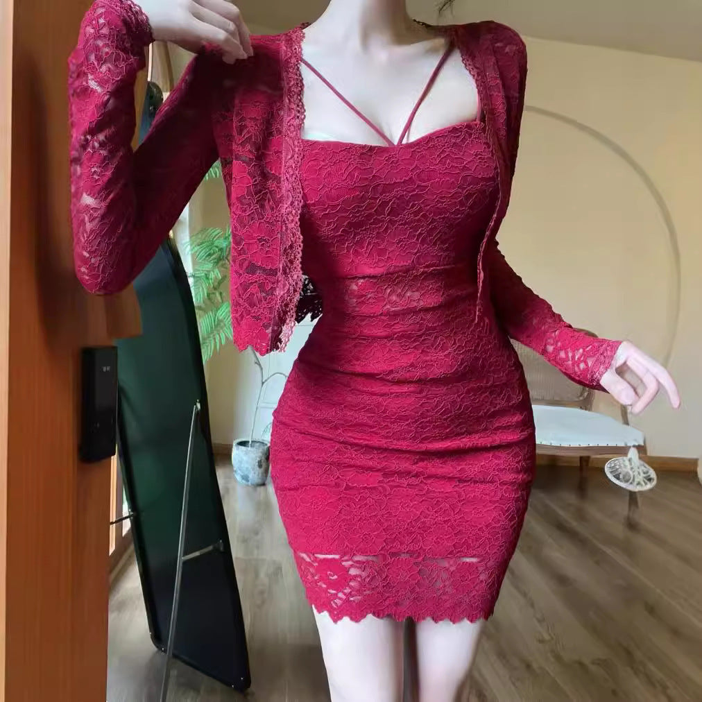Sexy Lace Sling Sheath Dress Two-piece Set