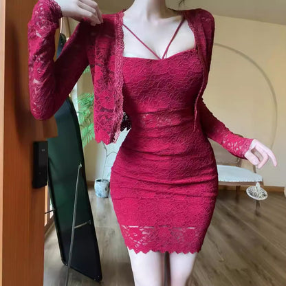 Sexy Lace Sling Sheath Dress Two-piece Set