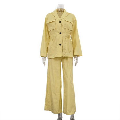 Lapel Long Sleeve Waist-controlled Top Wide Leg Pants Two-piece Set