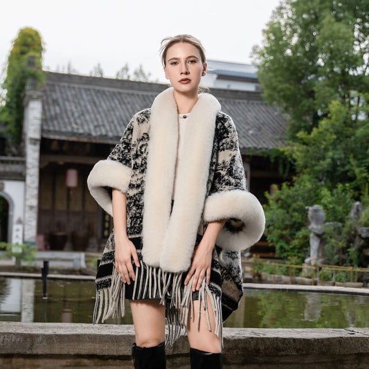 New Knitted Thickened Shawl Cape Vintage Fur Collar