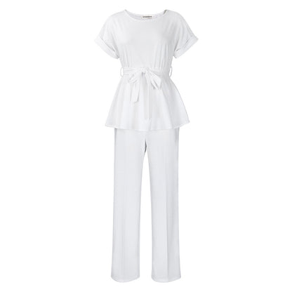 Solid Color Lace-up Top High Waist Wide Leg Pants Fashion