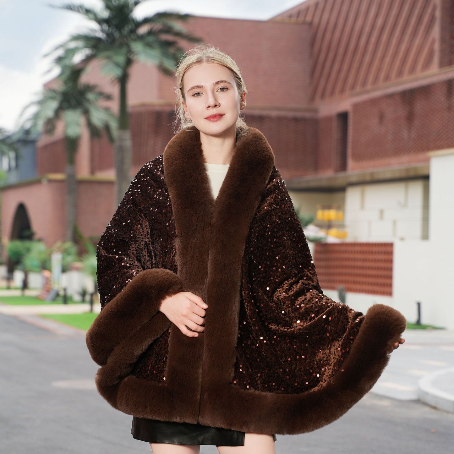 Knitted All-matching Loose Cloak Robe Fleece-lined Sequined Elegant Shawl