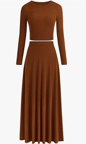 Casual Rib Knitted Long Sleeves Cropped Top Extra Long Piaise Skirt With Suit