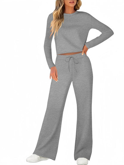 Solid Color T-shirt Round Neck Long Sleeve Trousers Suit