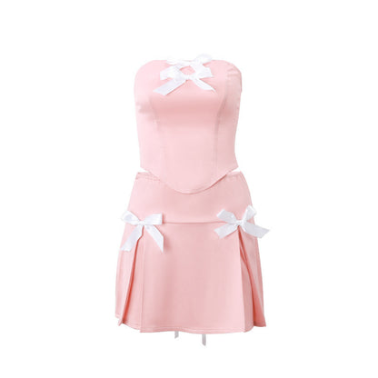 Bow Design Tube Top Vest Skirt Suit