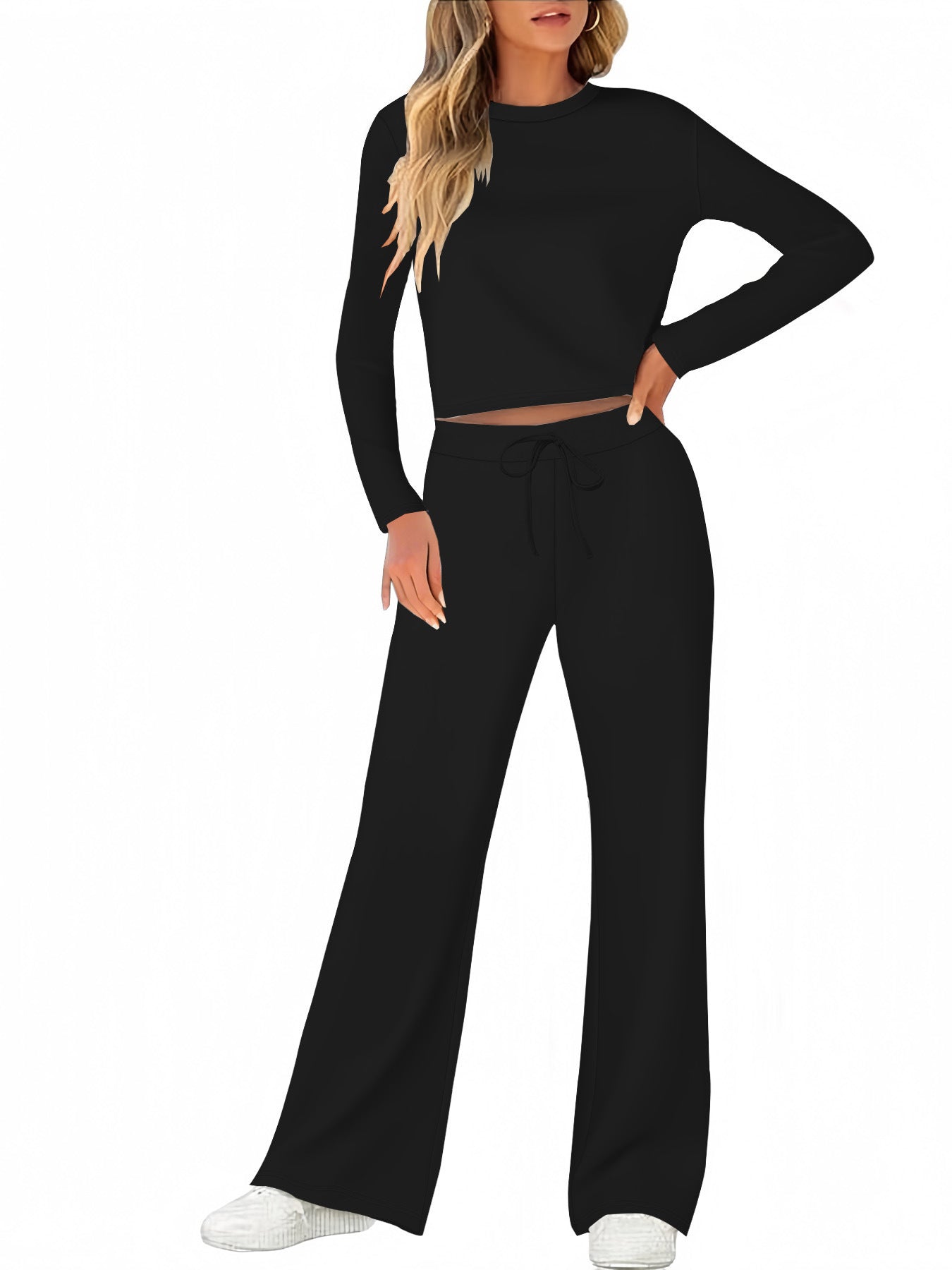 Solid Color T-shirt Round Neck Long Sleeve Trousers Suit