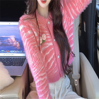 Mink Fur Zebra Pattern Knitted Cardigan Sweater Women's Coat