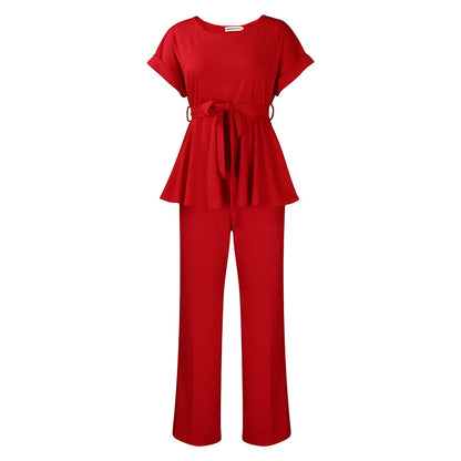 Solid Color Lace-up Top High Waist Wide Leg Pants Fashion