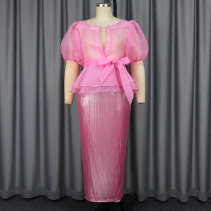 Female Bubble Sleeve Bow Shirt Skirt Set