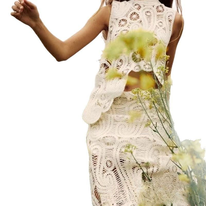 Fashion Round Neck Sleeveless Asymmetric Woven Hollowed Crochet Two-piece Set