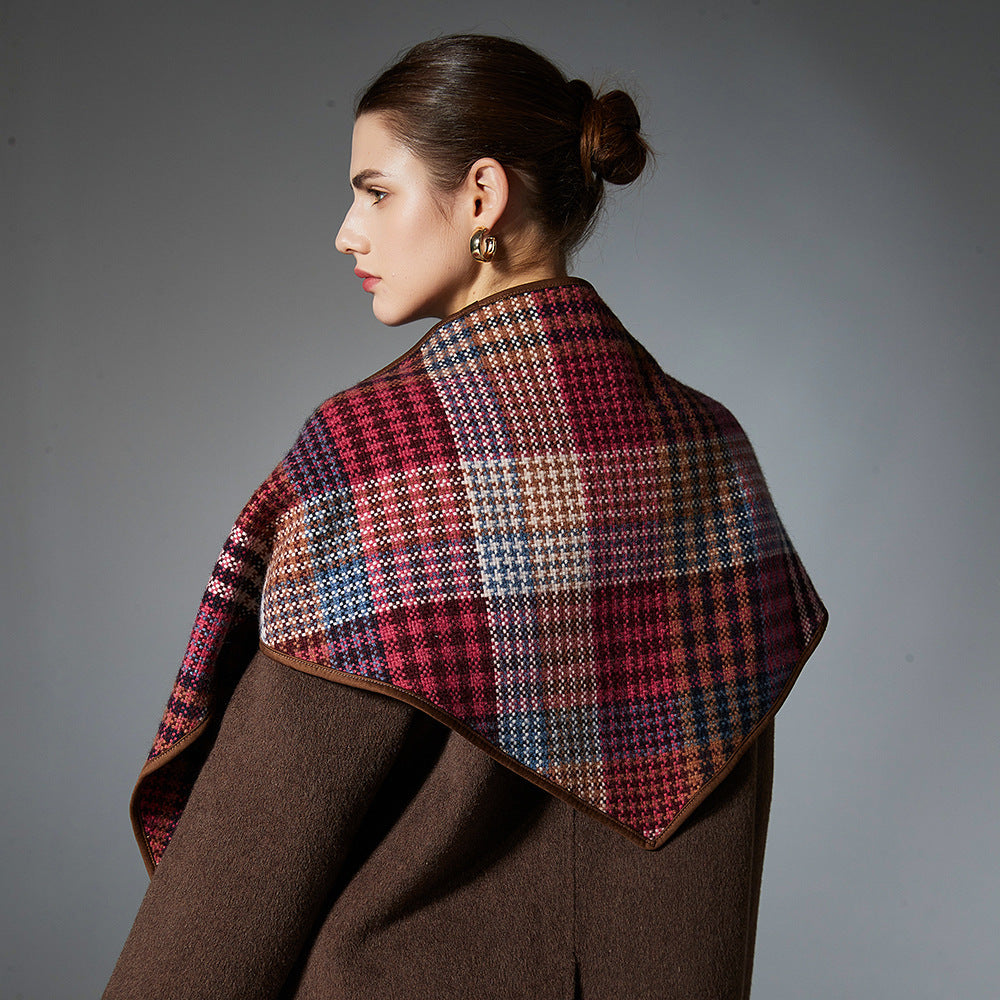 Autumn And Winter Wool Deerskin Color Plaid Houndstooth Triangle Shawl