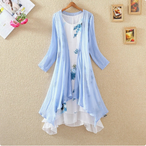 Long Sleeves Outer Match Shawl Mid-length Cotton And Linen Printed Irregular Dress