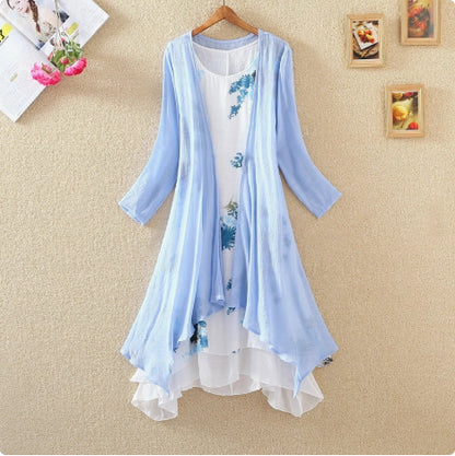Long Sleeves Outer Match Shawl Mid-length Cotton And Linen Printed Irregular Dress
