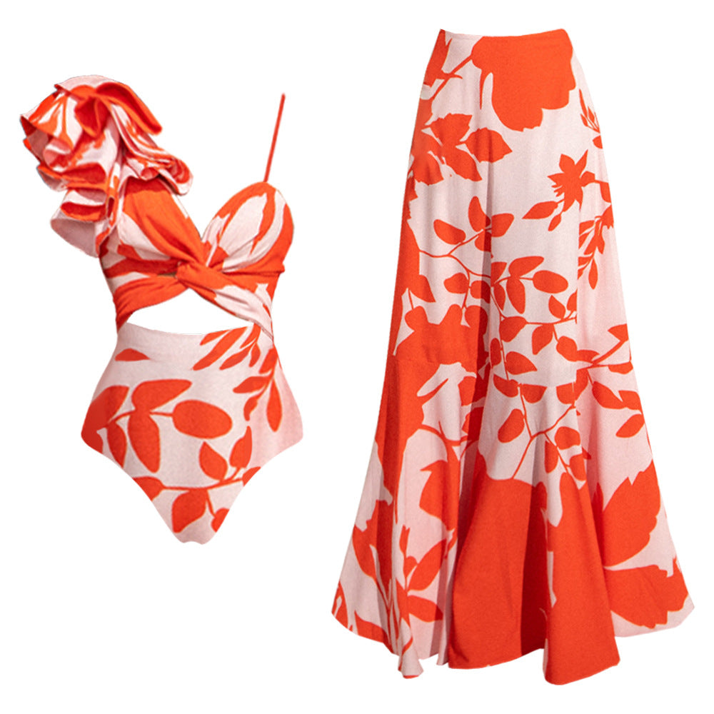 Printed Ruffled V-neck Spaghetti Strap One-piece Swimsuit Suit