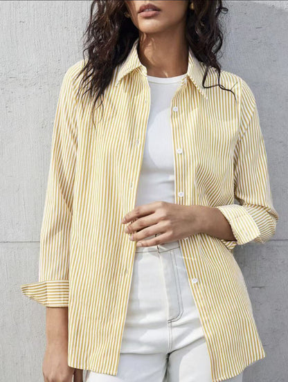 Women's Casual Single-breasted Striped Long-sleeved Shirt