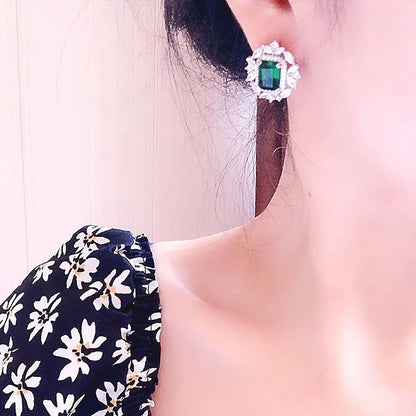 Full Diamond Inlaid Rectangular Rhinestone Flower Ear Studs