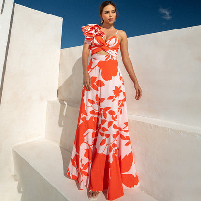 Printed Ruffled V-neck Spaghetti Strap One-piece Swimsuit Suit