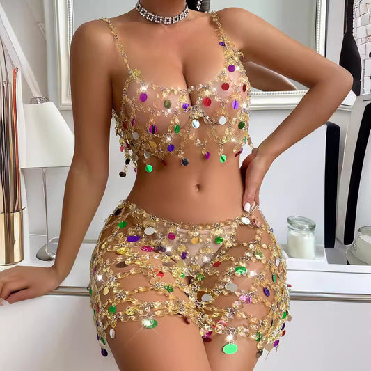 Stage Performance Sexy Sling Color Chain Suit