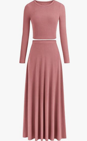 Casual Rib Knitted Long Sleeves Cropped Top Extra Long Piaise Skirt With Suit