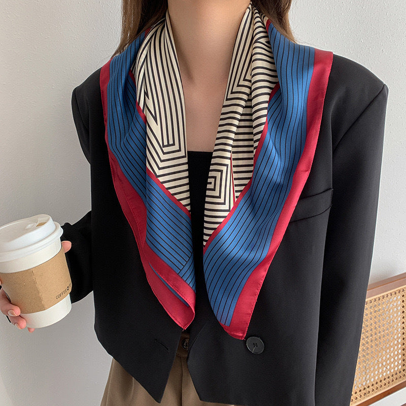 Black And White Striped Small Square Towel Silk Scarf Women's Headscarf Spring And Autumn