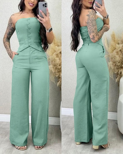 Tube Top Button Vest Closure Placket Wide Leg Trousers Suit