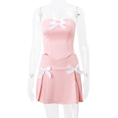 Bow Design Tube Top Vest Skirt Suit