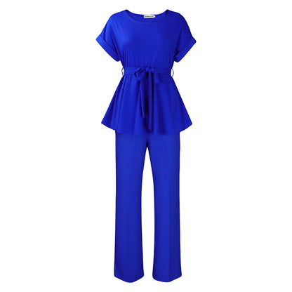 Solid Color Lace-up Top High Waist Wide Leg Pants Fashion
