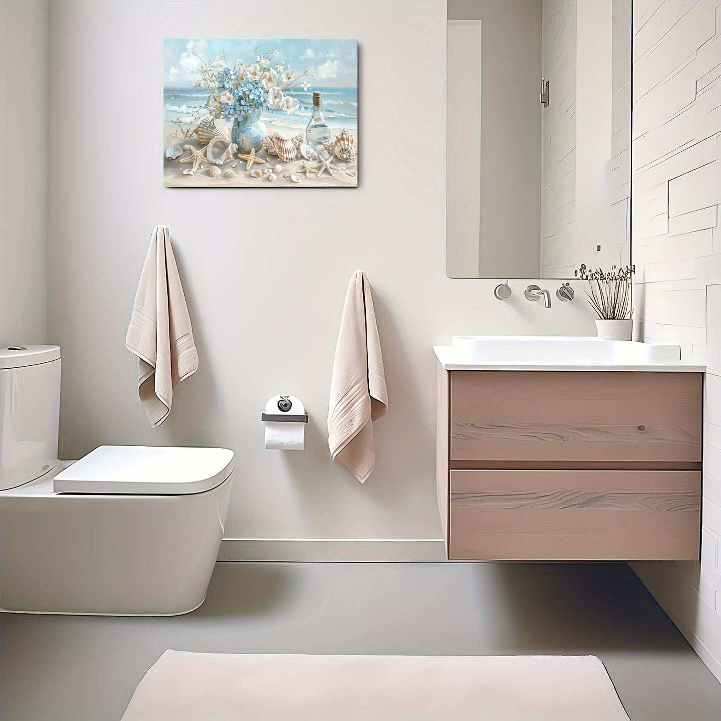 1 Piece Framed Wooden Canvas Painting, One Piece Blue Vase Floral Canvas Print, Wooden Frame Wall Art, Shell And Ocean Theme, Home And Office Decor, Suitable For Living Room, Bedroom, Kitchen, School