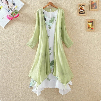 Long Sleeves Outer Match Shawl Mid-length Cotton And Linen Printed Irregular Dress