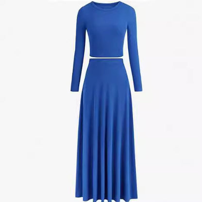 Casual Rib Knitted Long Sleeves Cropped Top Extra Long Piaise Skirt With Suit