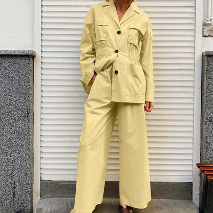 Lapel Long Sleeve Waist-controlled Top Wide Leg Pants Two-piece Set