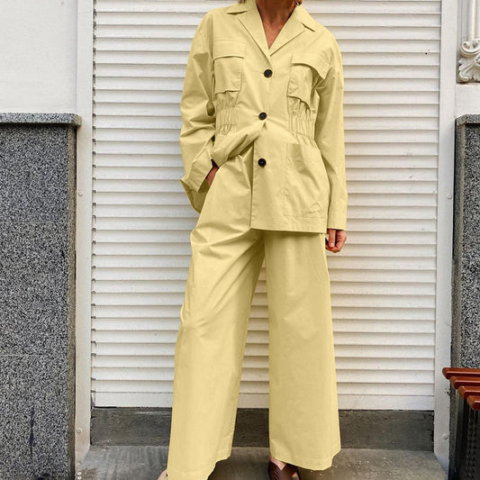 Lapel Long Sleeve Waist-controlled Top Wide Leg Pants Two-piece Set
