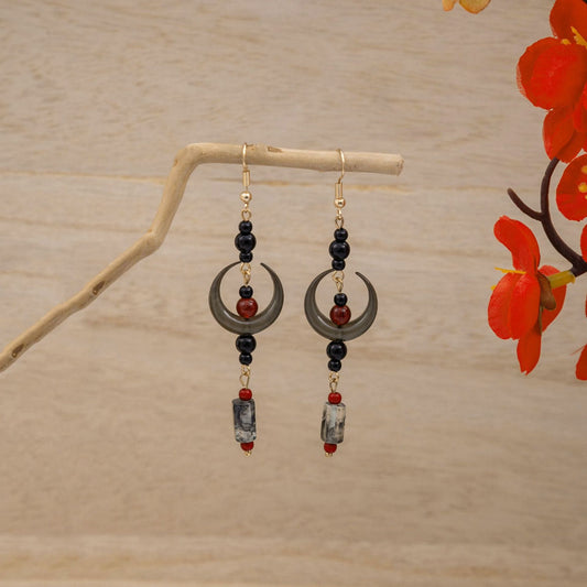Wooden Antique Water Drop Tassel Step Shake Hair Pin Crescent Earrings