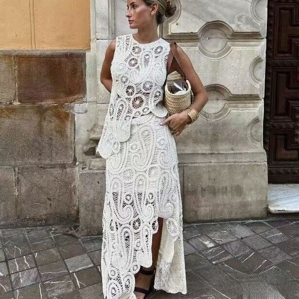 Fashion Round Neck Sleeveless Asymmetric Woven Hollowed Crochet Two-piece Set
