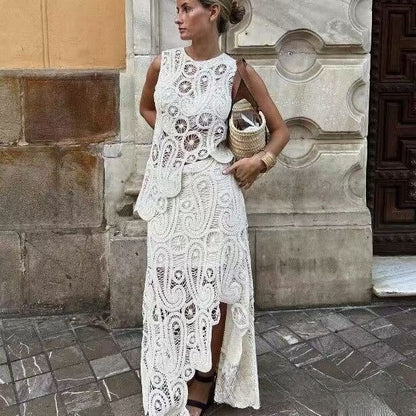 Fashion Round Neck Sleeveless Asymmetric Woven Hollowed Crochet Two-piece Set